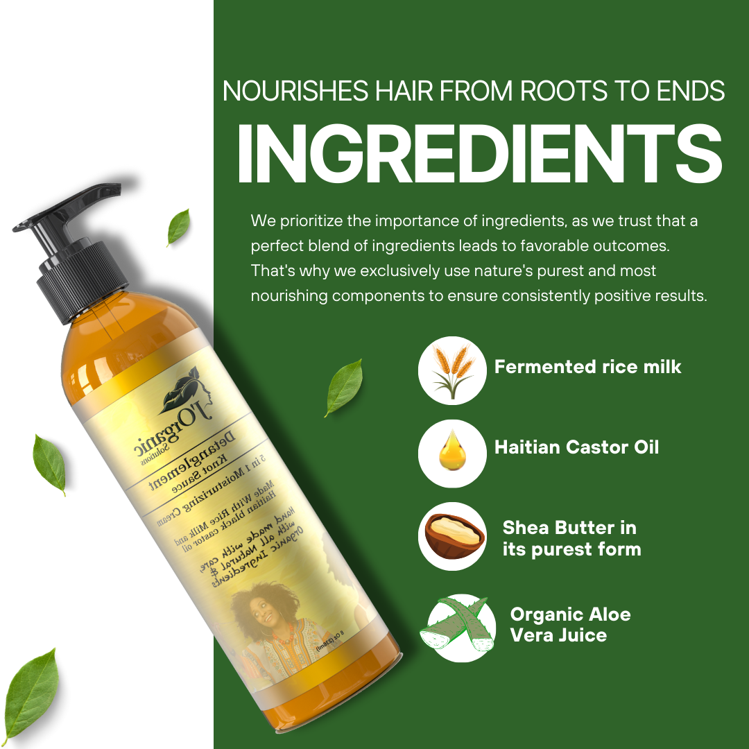 A jar of Detanglement Knot Sauce, a 5-in-1 moisturizing cream made with Rice Milk and Haitian Castor Oil, designed to nourish and detangle natural hair while providing curl definition and moisture.