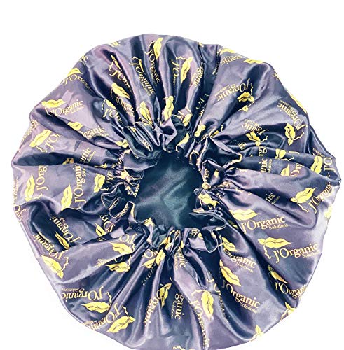 'Organic Solutions High-Quality Reversible Satin Bonnet in black and deep purple, designed for protecting hair and maintaining hairstyles, suitable for kids and adults." Main image