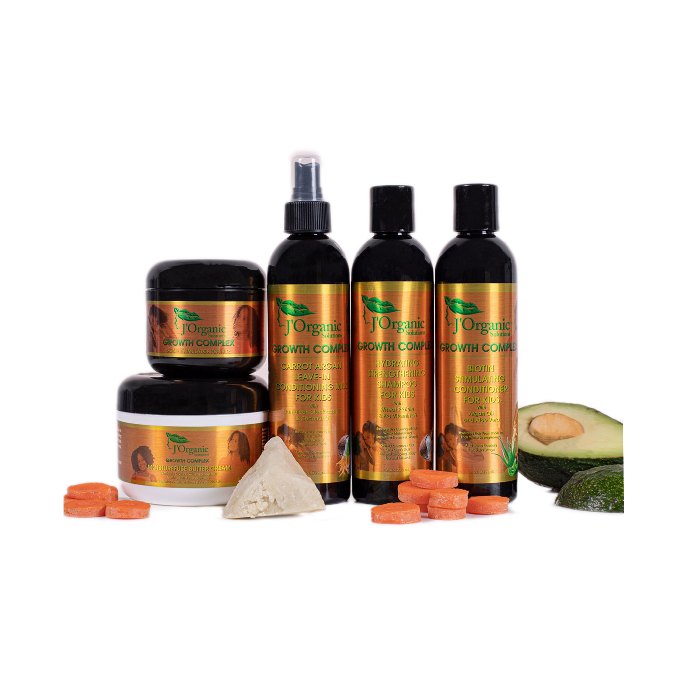 Kids' five-step wash-day kit with hydrating shampoo, biotin conditioner, leave-in milk, butter cream and scalp pomade. Main image